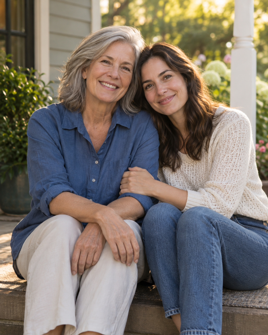 Illustrative photograph of a mother and adult daughter sitting together on a porch